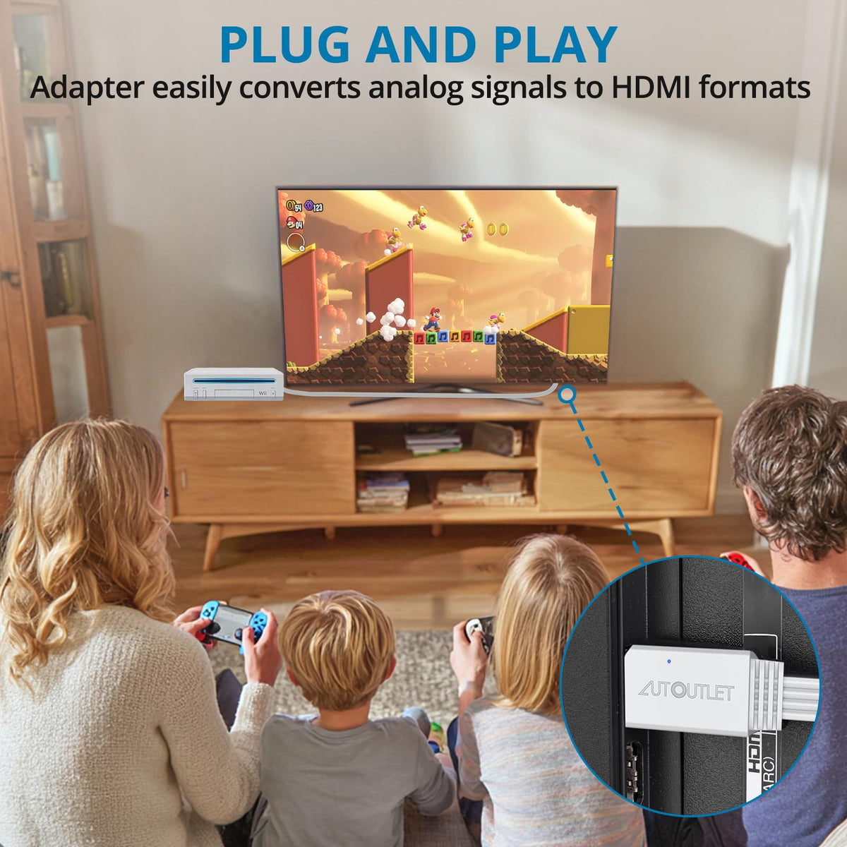 AUTOUTLET Wii to HDMI Converter 1080P 5ft/150 cm for Full HD Device, Adapter with HDMI Male Cable Output Compatible with Nintendo Wii, Wii U, HDTV, Monitor-Supports All Wii Display Modes