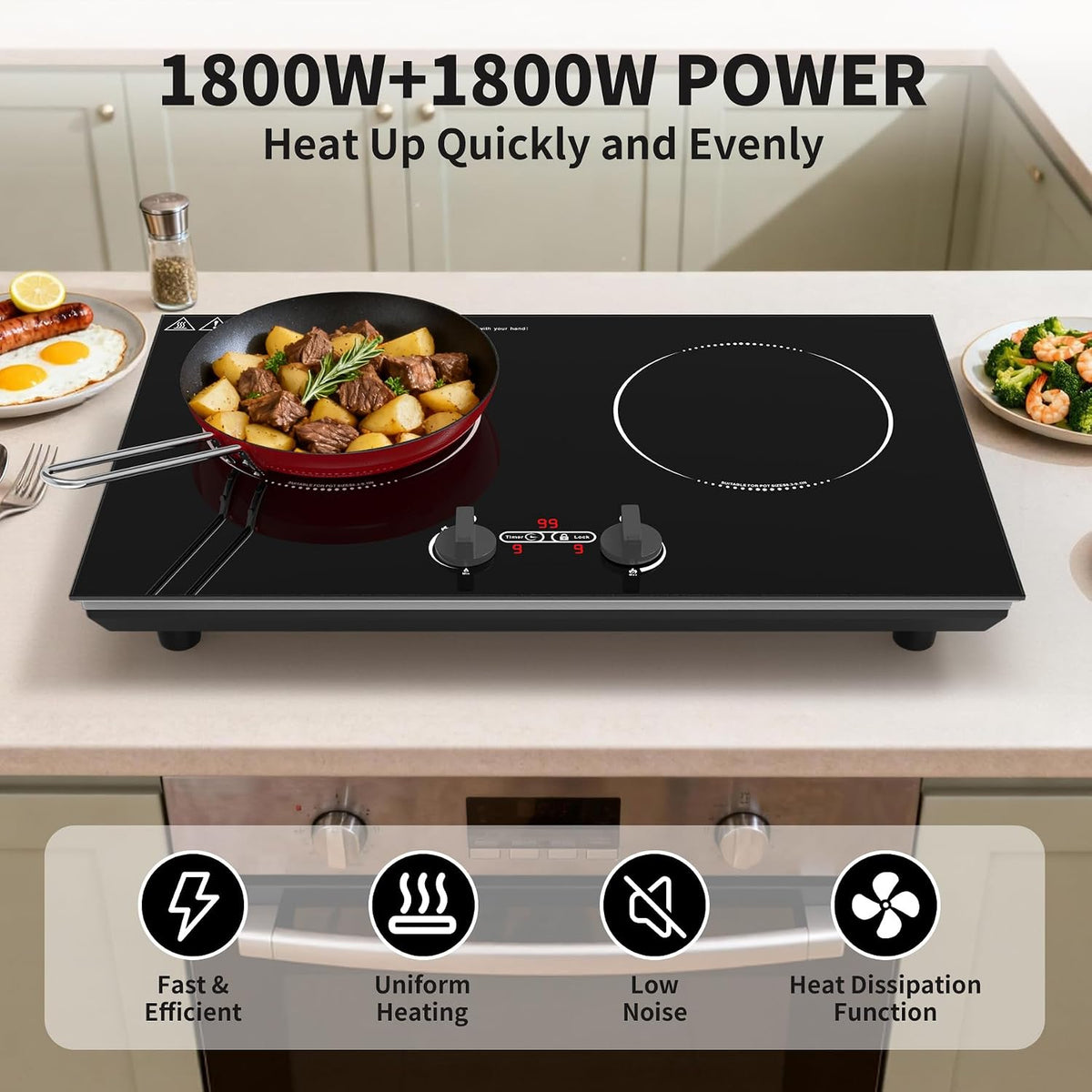 VBGK Double Induction Hob,220V 3600W 2 Ring Induction Hob with Knob Control,9 Power Levels, Kids Lock & Timer,LED Touch Control,Overheat Protection