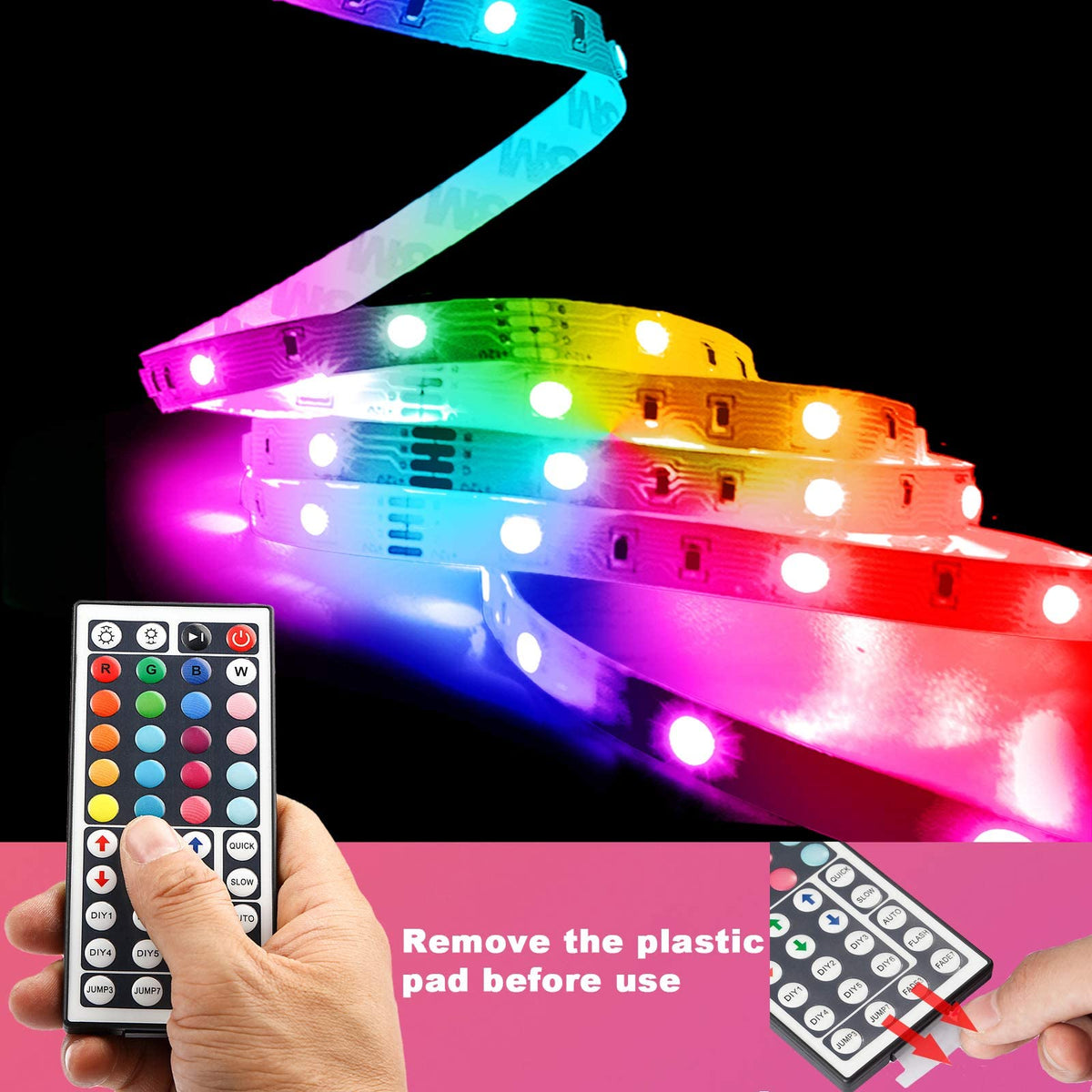 phopollo 5m RGB LED Strip Lights with Remote for Bedroom, Party.24V 5050 RGB, 44-Key Remote, Flexible Adhesive, Bedroom/Party Use