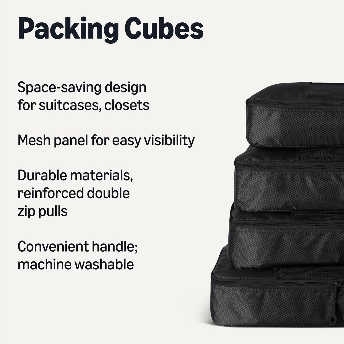 Amazon Essentials 4-Piece Packing Cubes Travel Accessories Set, Luggage Organiser with Double Zip, Mesh Top, 100% Polyester, Medium, Black (Previously Amazon Basics)