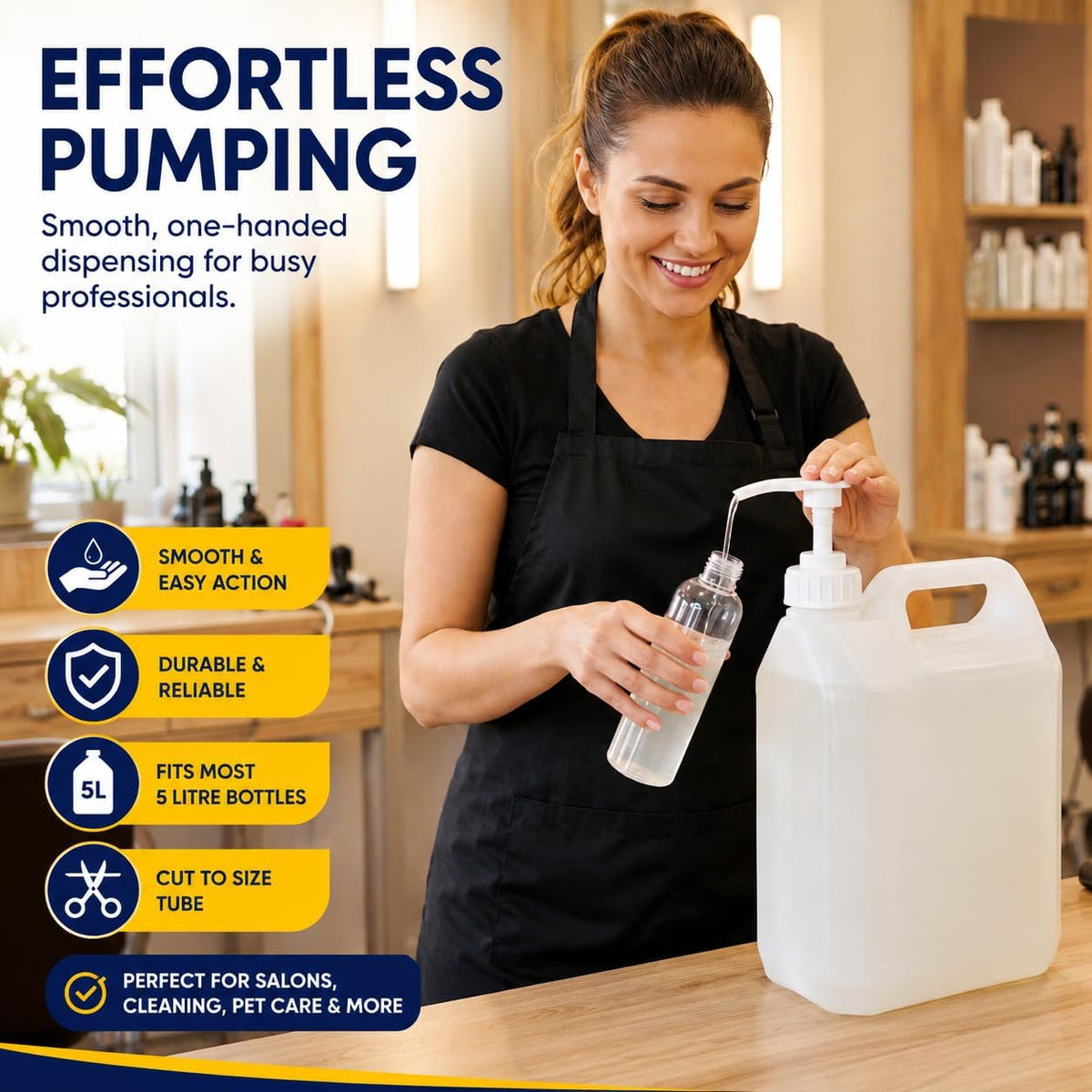 5 Litre Pump Dispenser for 5 Litre Container - 38mm Screw Top with 23cm Tube, 4ml Dose Push Down Pelican Pump for Shampoo, Soap, Syrup & Cleaning Liquids, Accurate & Durable Dispenser (3 PACK)