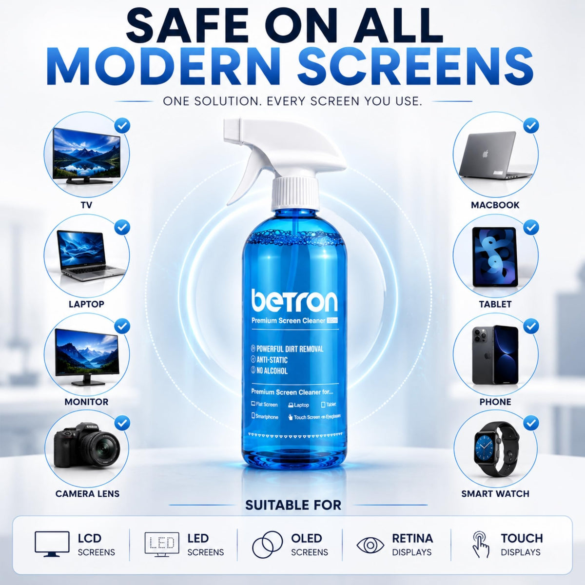 Betron Screen Cleaner Spray Kit with Cloth for TV, Laptop, Monitor, 200ml