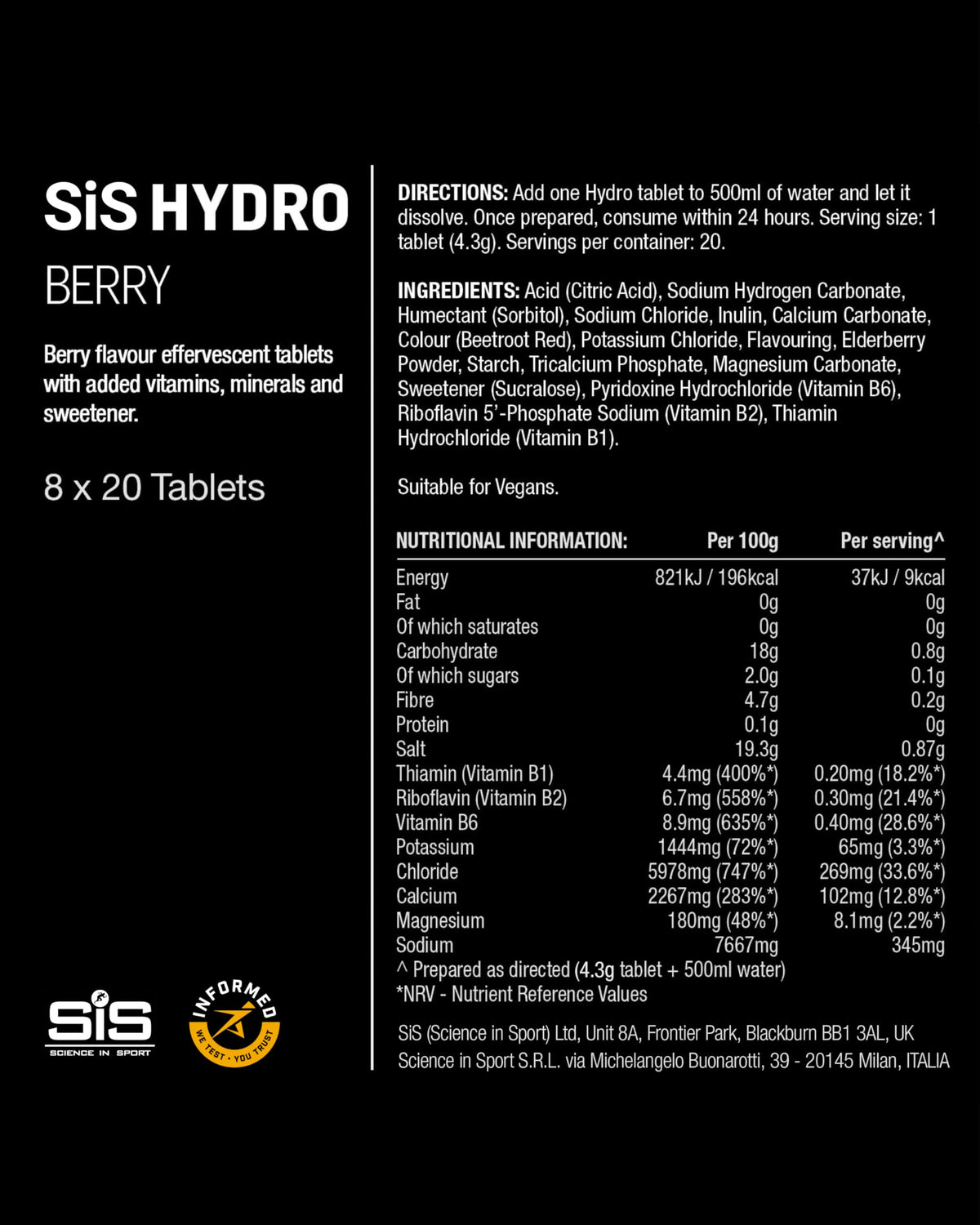 Science in Sport Hydro Electrolyte Tablets, Berry, 20 Tablets