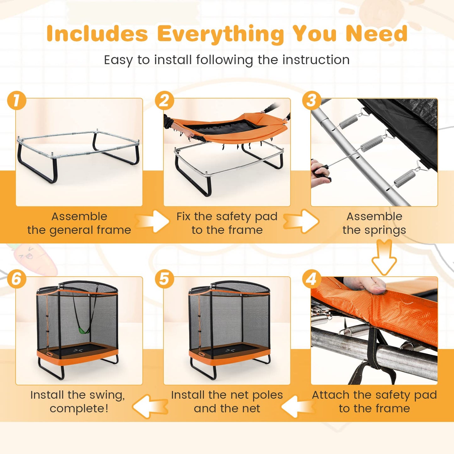 COSTWAY 6FT Kids Trampoline, 2 in 1 Toddler Trampolines with Swing and Enclosure Safety Net, Rectangle Trampoline for Outdoor