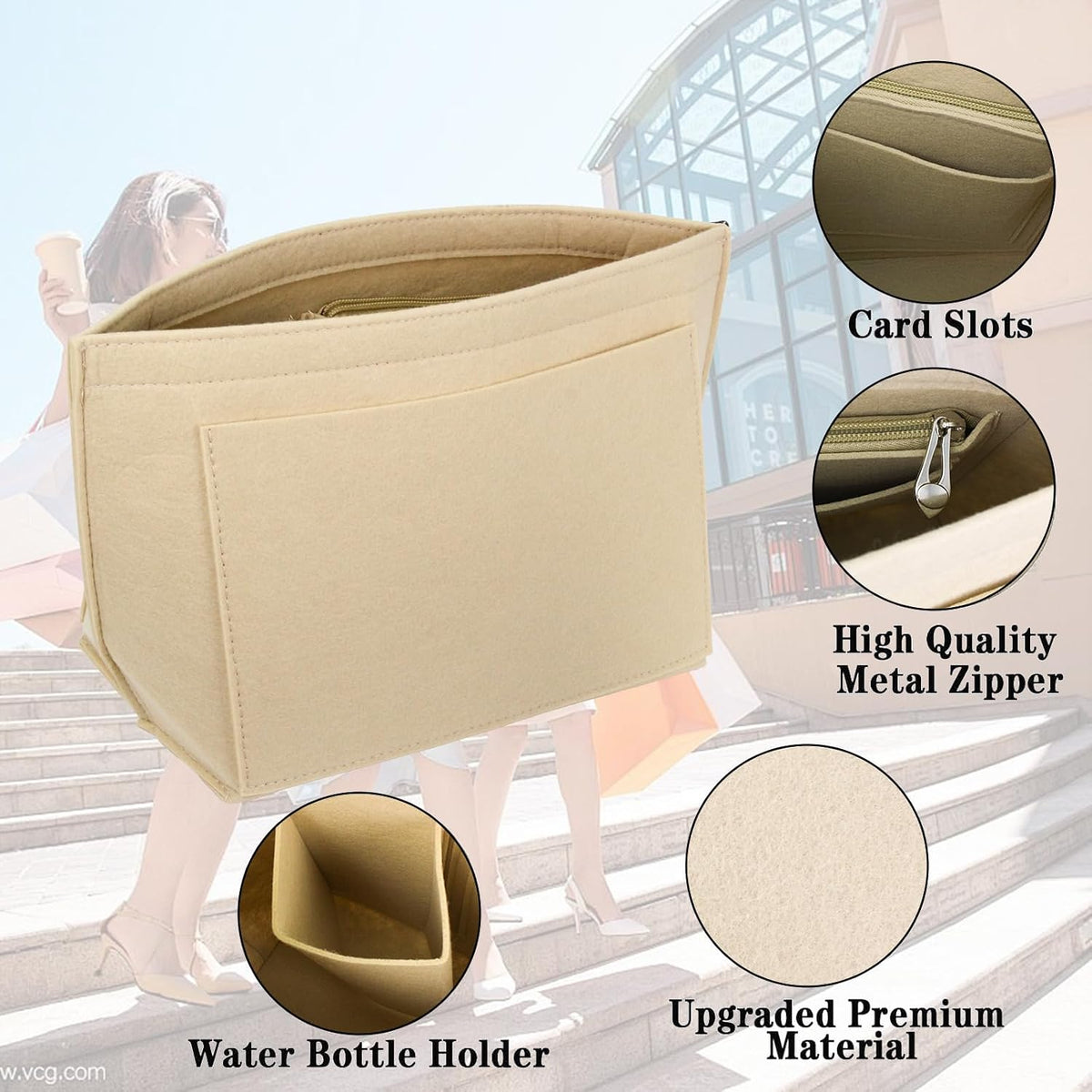 Multi-pocket felt tote bag for inserting a wallet, folding tote organizer insert Longchamp (khaki, L)