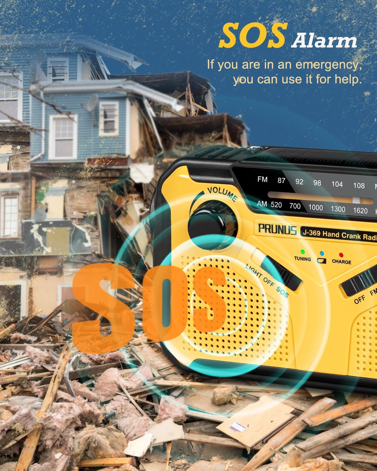 PRUNUS J-369 Wind Up Radio Solar, AM/FM Emergency Hand Crank Radio