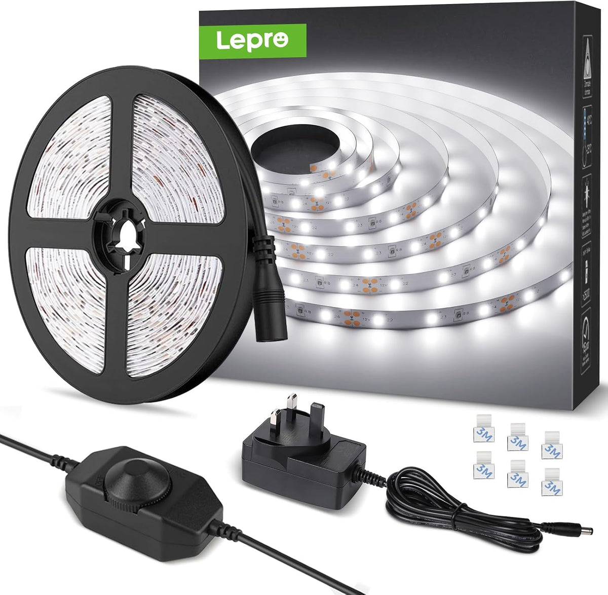Lepro 5M LED Strip Light, Cool White 6000K, 1650LM 15W, Dimmable, Stick on
