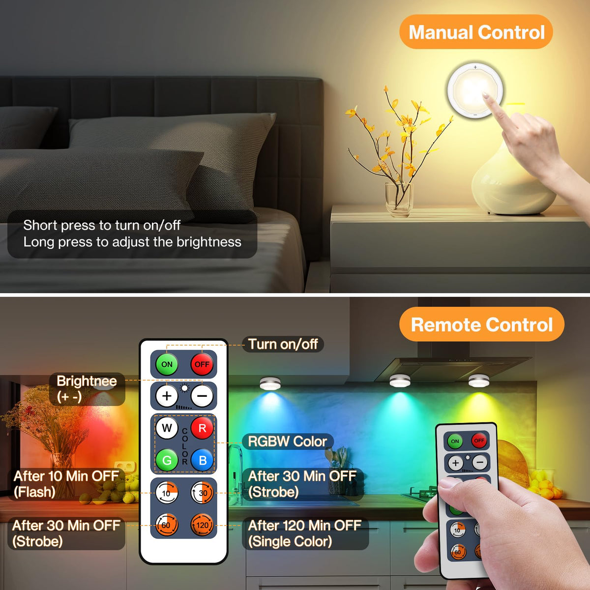 Under Cabinet Lights, Wireless LED Puck Lights Remote Control, 4000K Natural White Brightness Dimmable Battery Powered Touch Closet Cupboard Kitchen Wardrobe Lights, 6 Pack (White)