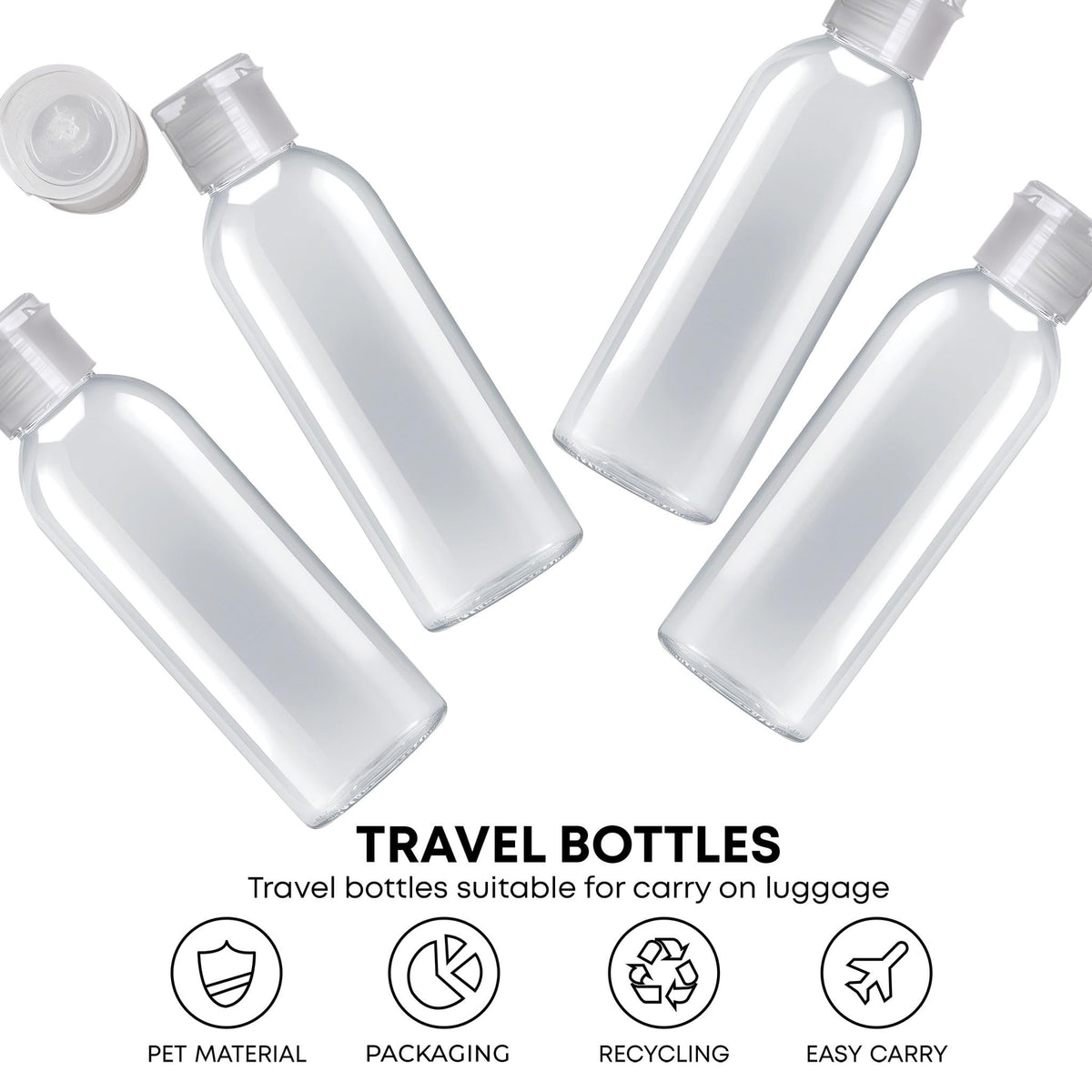 Palm Safe 4 pcs 100ml/3.5 OZ Clear Plastic Travel Bottles, Durable Strong Recyclable BPA Free Storage Bottles, Empty Refillable Containers with Flip Cap Leak Proof for Toiletries