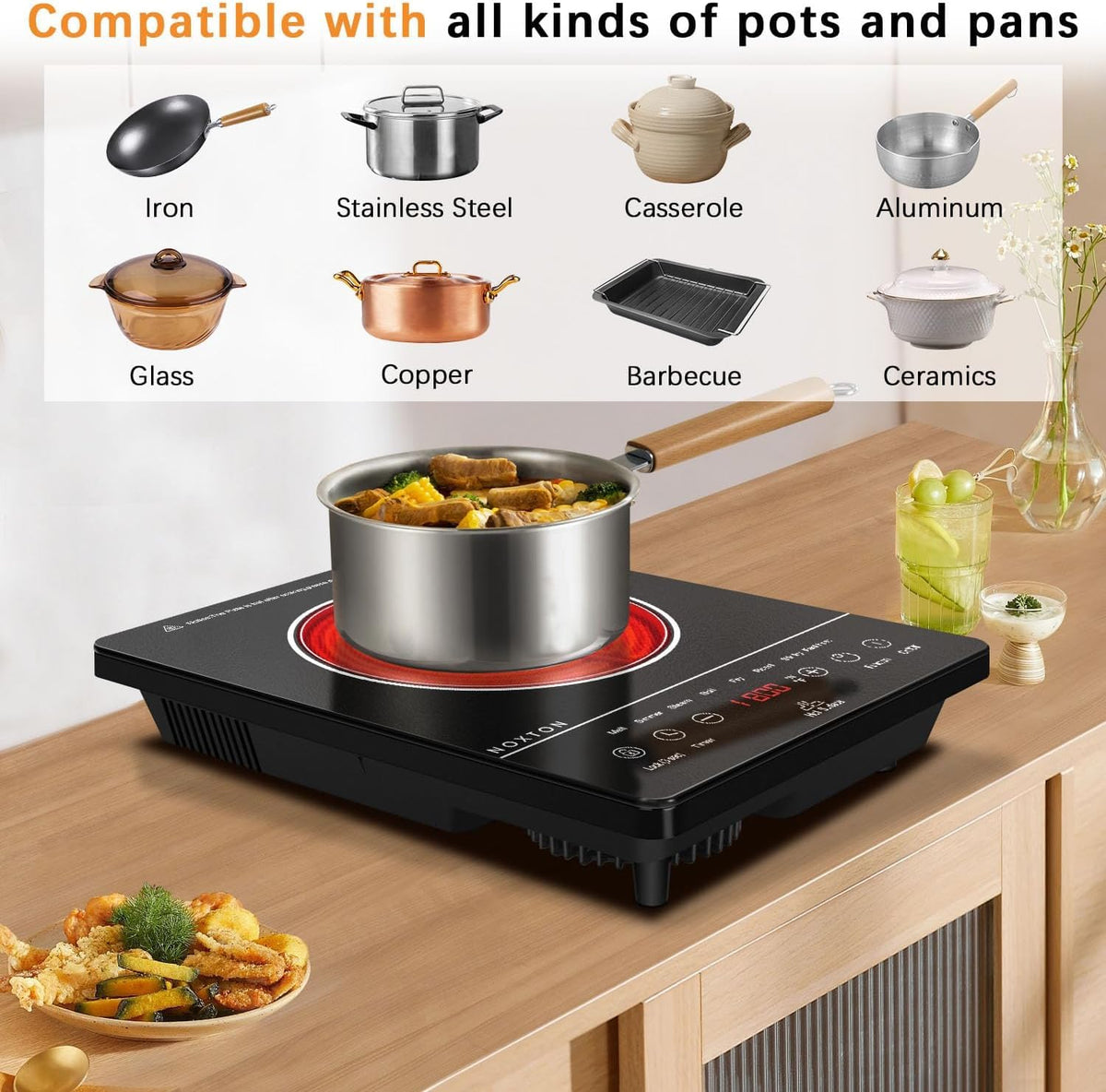 Noxton 2 Zone Ceramic Hob 30cm Electric Hob with Timer, Safe Lock, Pause Coutertop Use Hob with 13AMP Plug 2800W