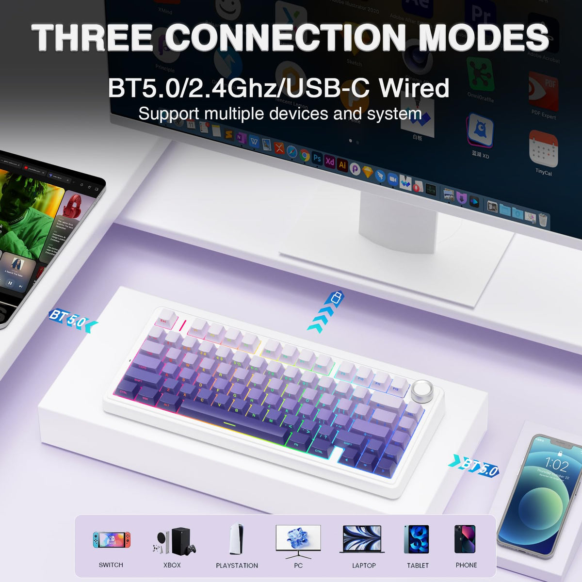 AULA F75 75% Wireless Mechanical Keyboard,2.4Ghz/Type-C/BT5.0 Gaming Keyboards,Advanced Structure,RGB Backlight,Hot Swappable Custom Keyboard for PC/Mac (Cool Black)