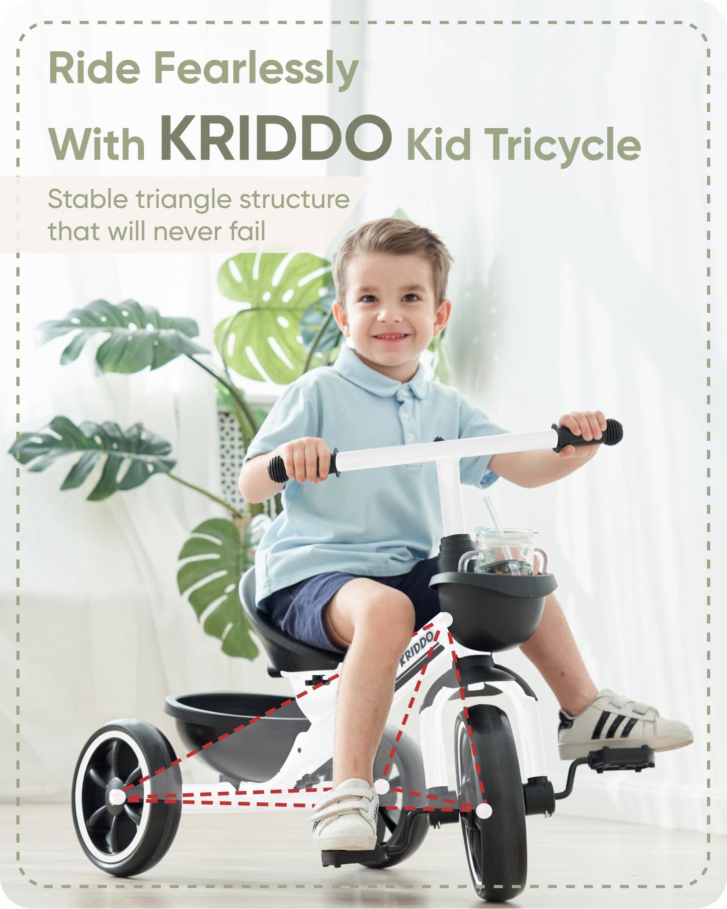 KRIDDO Toddler Tricycle — Anti-Tip Design, BPA-Free | Ages 18 Months to 4 Years | Pink