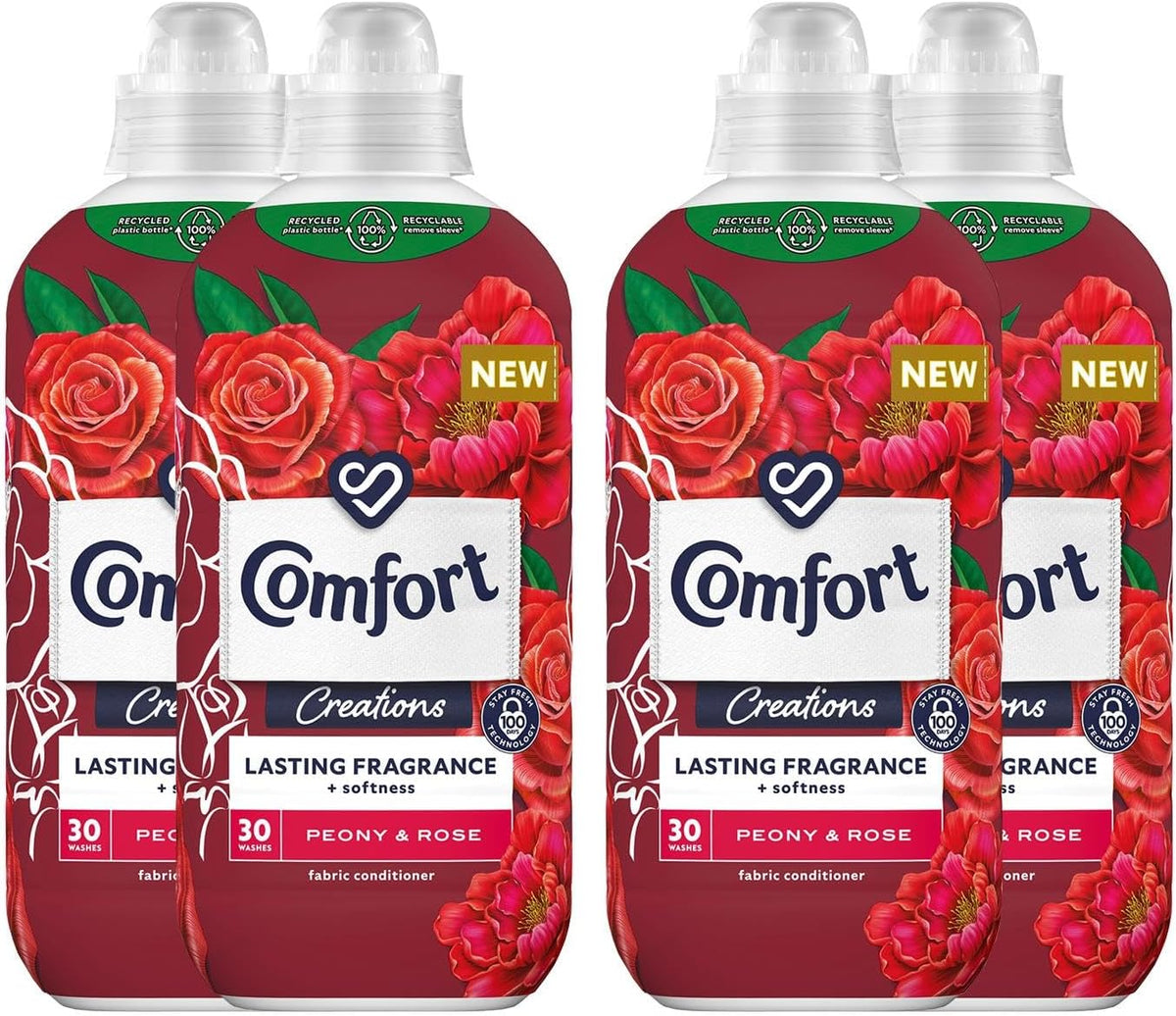 Comfort Creation Concentrated Fabric Conditioner with 100 Days of Long Lasting Fragrance and Softness Intense Liquid Fabric Softener 30 Washes, 900 ml (Peony & Rose, Buy 4)