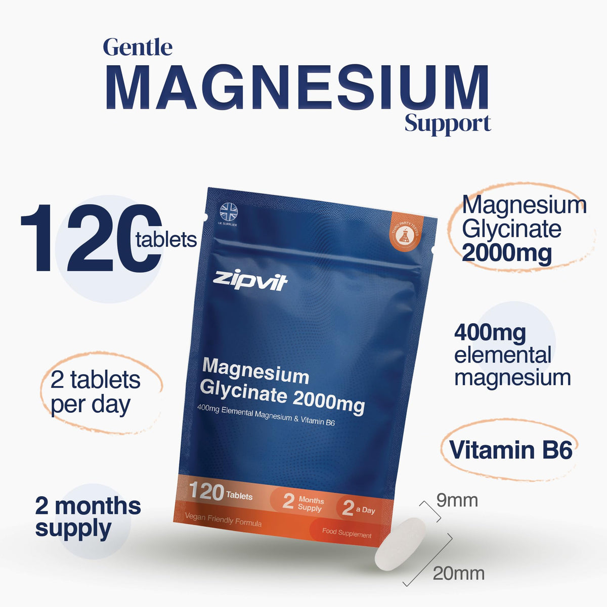 Zipvit Magnesium Glycinate 2000mg with Vitamin B6, 120 Tablets - Vegan