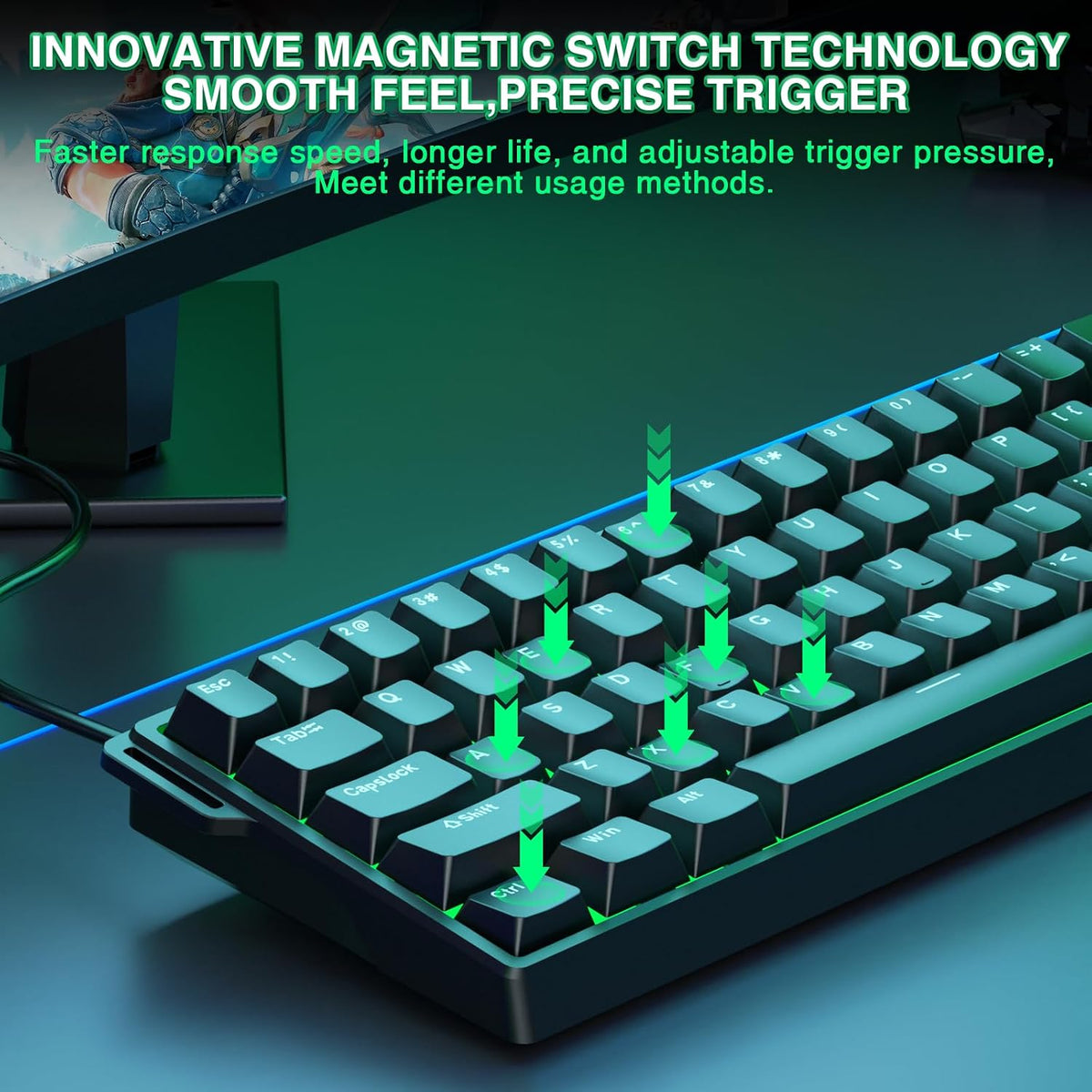 AULA WIN60 HE Mechanical Gaming Keyboard Wired,Hall Effect Magnetic Switches,Adjustable Actuation Rapid Trigger,8K Polling Rate,RGB Backlight,60% Percent Keyboard for Mac/Win (BLACK) (Pack of 2)