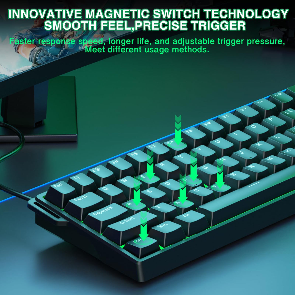 AULA WIN60 HE Mechanical Gaming Keyboard Wired,Hall Effect Magnetic Switches,Adjustable Actuation Rapid Trigger,8K Polling Rate,RGB Backlight,60% Percent Keyboard for Mac/Win (BLACK) (Pack of 2)