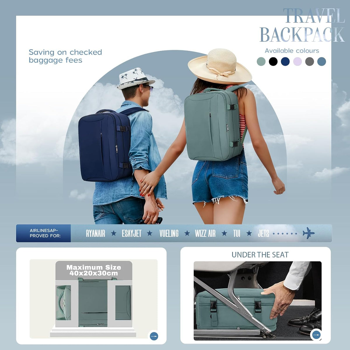 Xkdoai for Ryanair Cabin Bags 40x30x20,Backpack with TSA Approved Clear Bag