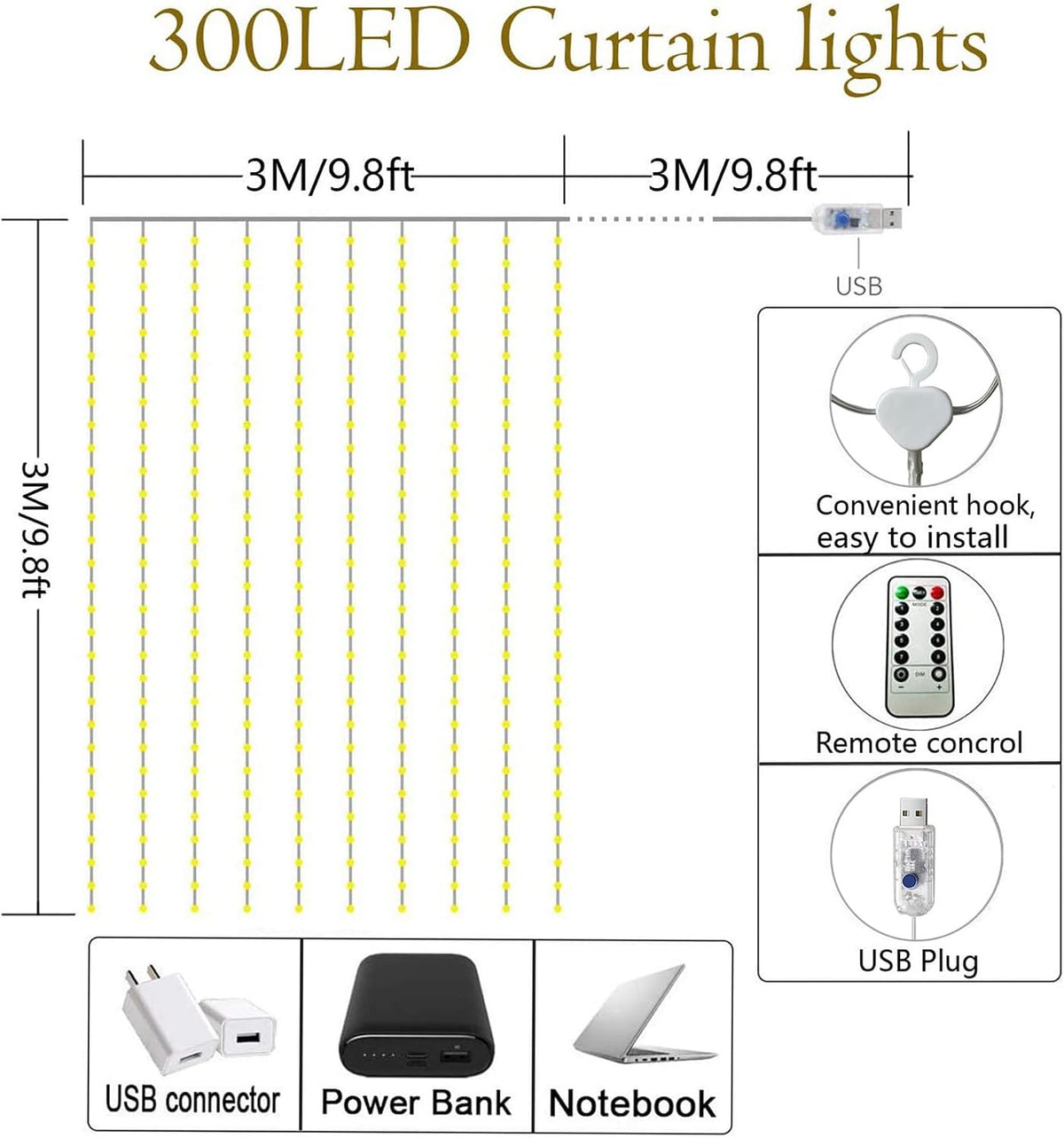 Lezonic Curtain Fairy Lights, 3m×3m 300LED Curtain String Lights Plug in