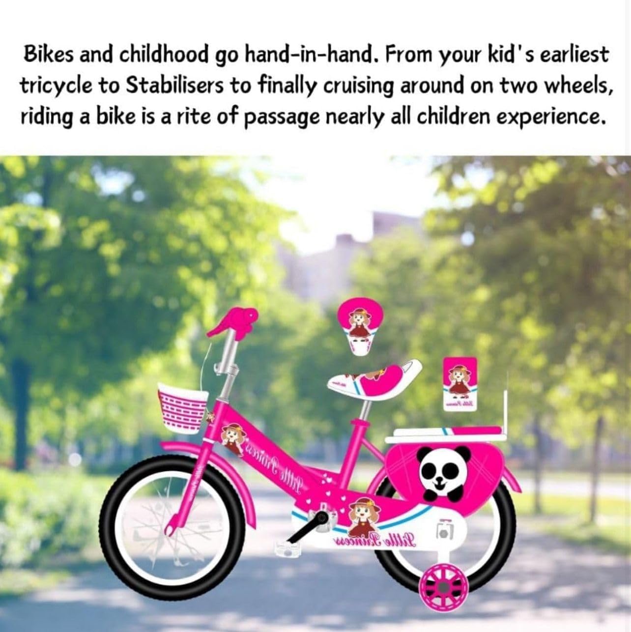 Pink Girls Bike 16" with Stabilisers, Basket & Bell — Adjustable Seat & Handlebars