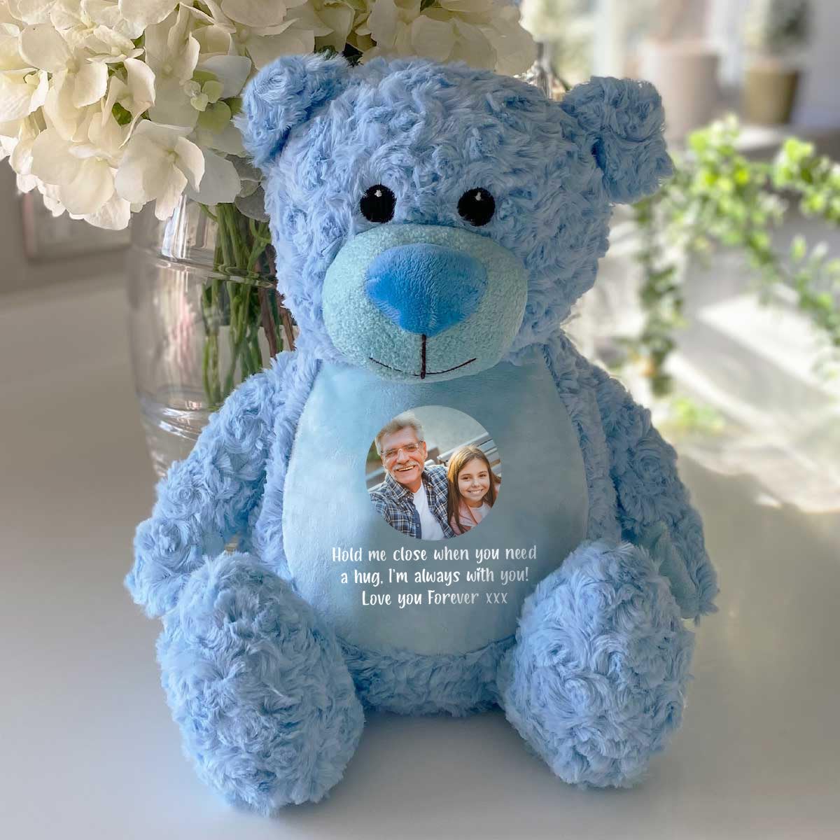 Large Personalised Photo Ashes Keepsake Memory Teddy Bear - Grey | Metal Heart Shaped Tin Ashes Urn | Bereavement Memorial Keepsake | Custom Photo & Message | Sympathy Gift | 42cm Tall
