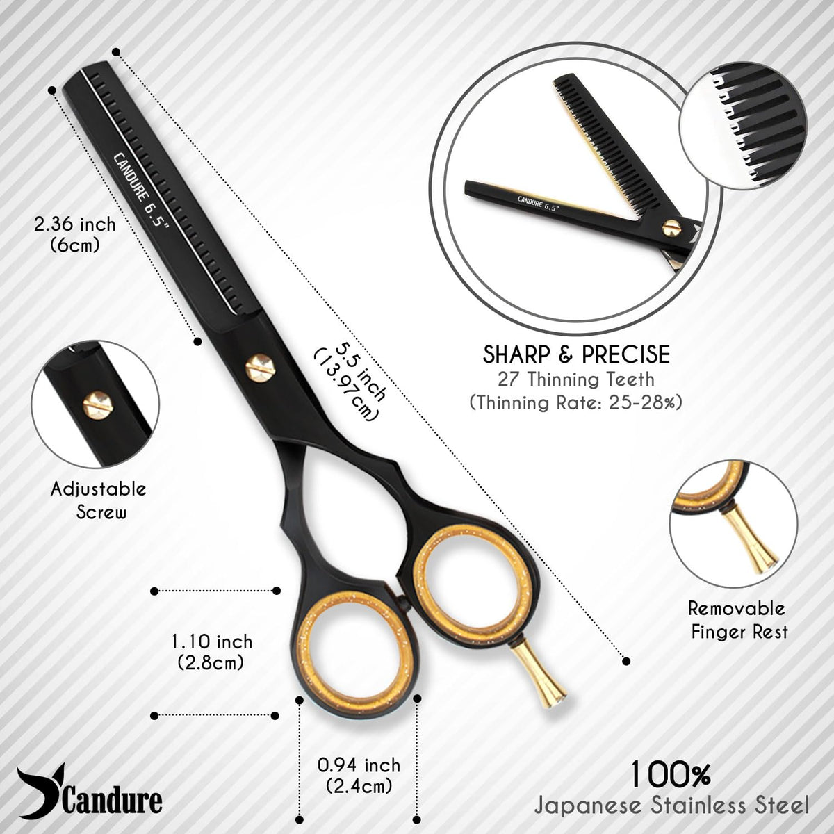 Candure Hairdressing Scissor with Comb & Leather Pouch 6.5" - Hair Scissor for Professional Hairdressers, Barbers Stainless Steel Hair Cutting Shears for Salon, Men, Women, Children and Adults Black