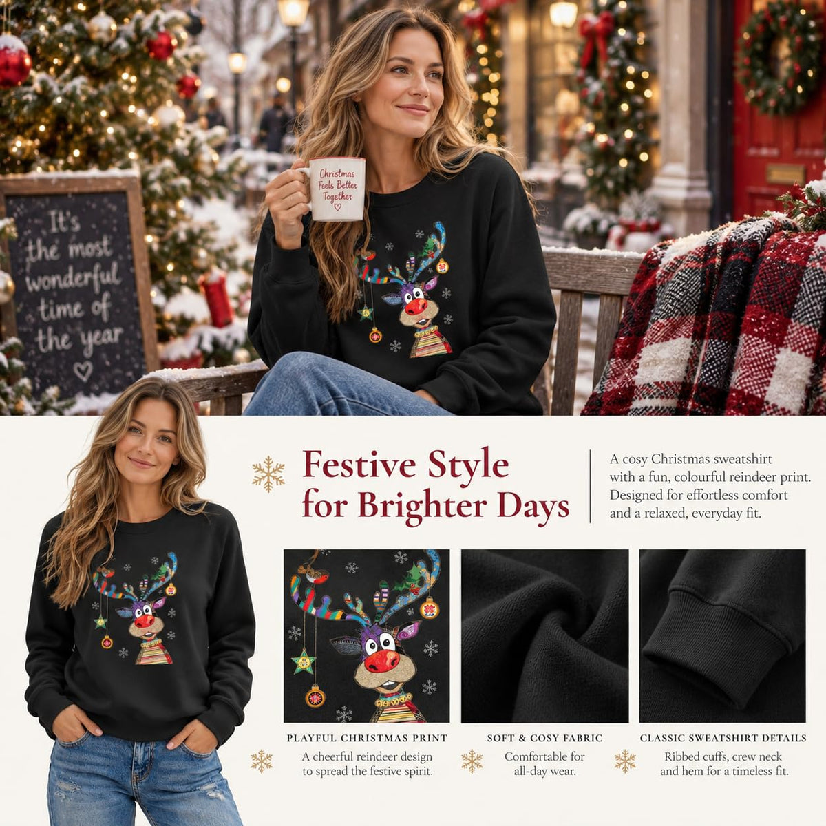 Christmas Jumpers Women Reindeer Graphic Print Sweatshirts Ladies Xmas Tops