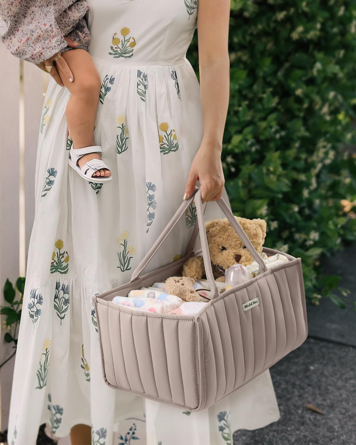 Blissful Diary Nappy Caddy Organiser, Baby Diaper Caddy for Nappy Station, Stylish Storage Basket for Newborn Essentials, Baby Shower Gifts for Girl or Boy, Woodland Cream
