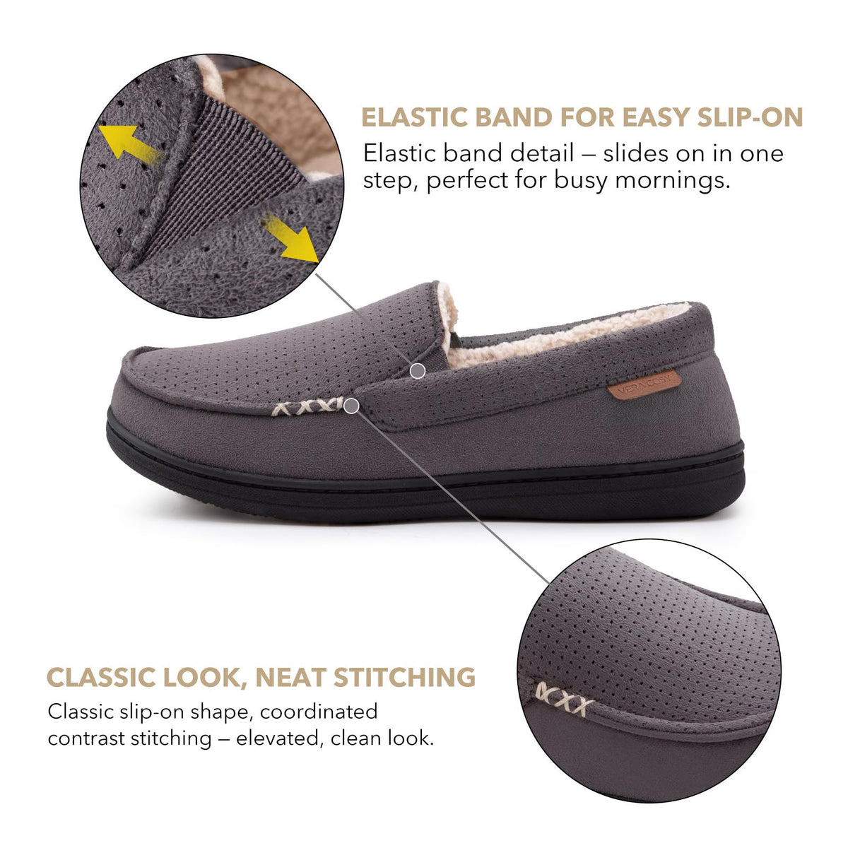 VeraCosy Men's Suede Moccasin Slippers Memory Foam Sherpa Lined Anti-Skid