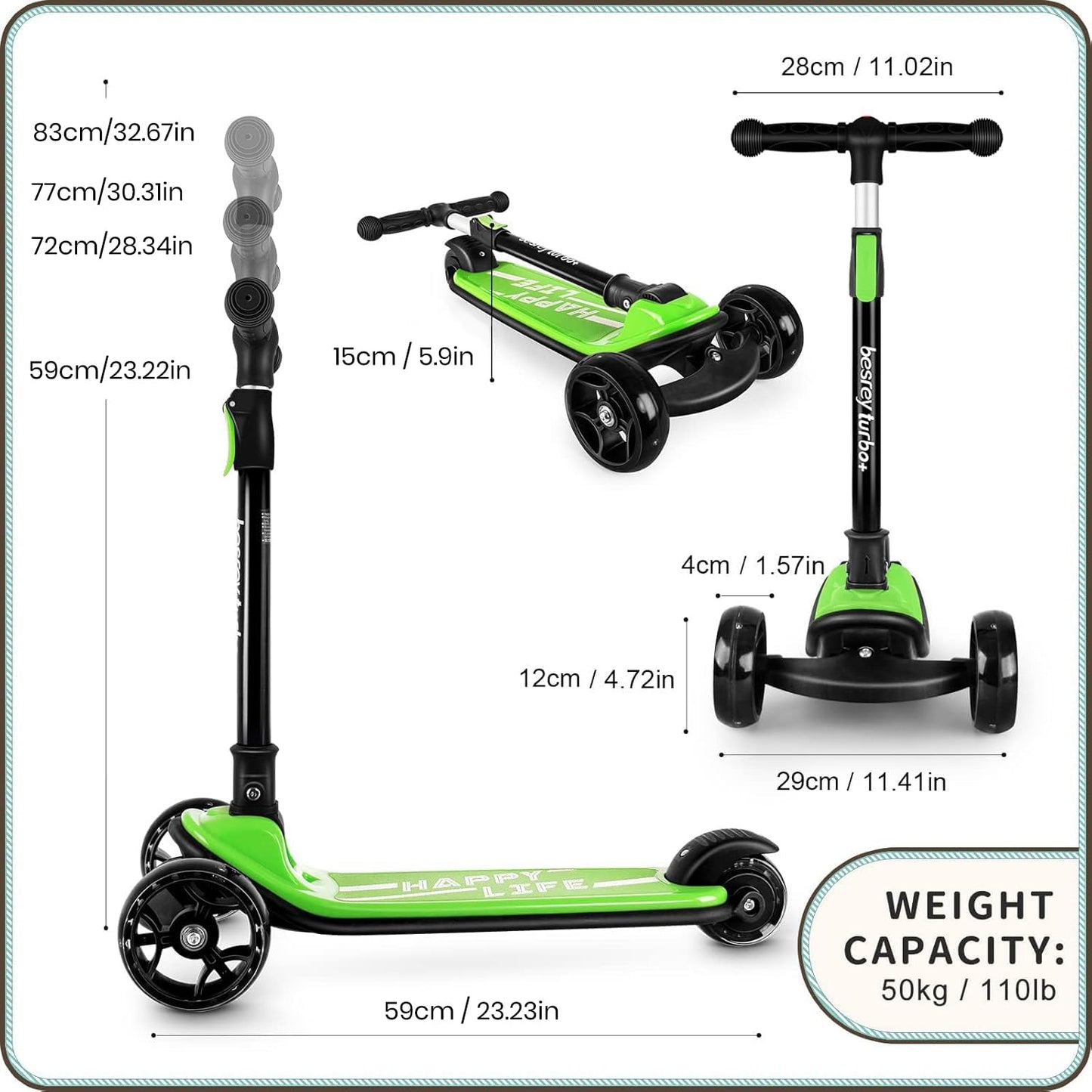 besrey 3-Wheel Toddler Scooter with Lean-to-Steer — Foldable, Anti-Slip Deck | Max 50 kg