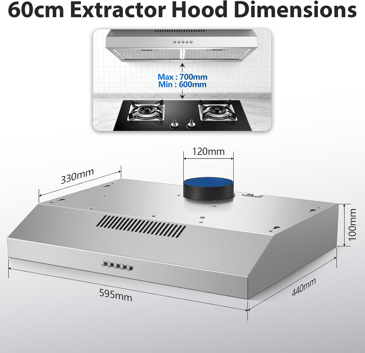 TopStrong 60cm Under Cabinet Cooker Hood, 250m³/h Slim Kitchen Extractor Fan, 3 Speed, A+ Energy Rating, LED Light, 430 Stainless Steel, Recirculating & Ducted Extractor Hood