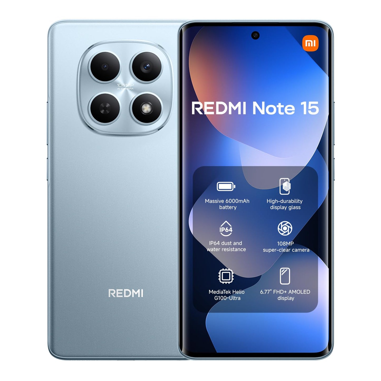 XIAOMI Redmi Note 15 5G, Smartphone 8+256 GB, Ultra-slim Design, IP65 Water Resistance, 108MP Super-clear Camera, 6.77" FHD+ Display, Glacier Blue, Warranty 2 years, Charger Not Included | 120Hz, 25098RA98G