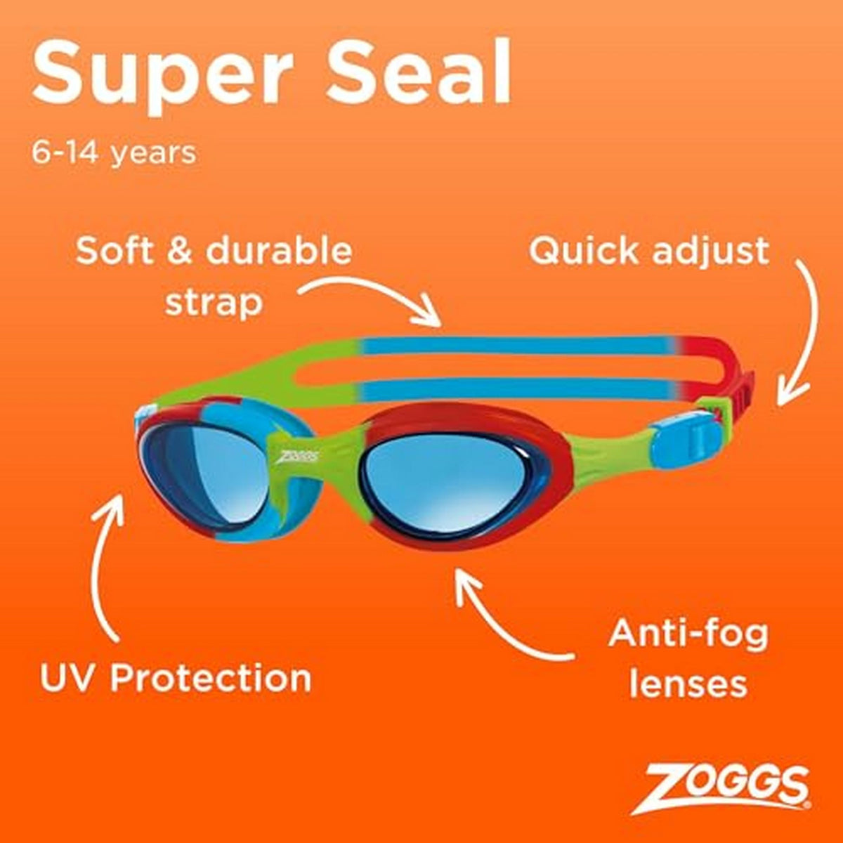 Zoggs Super Seal Kids Swimming Goggles, UV Protection, Quick Adjust Split Yoke Comfort Strap, Fog Free Clear Swim Goggle Lenses, Ages 6-14