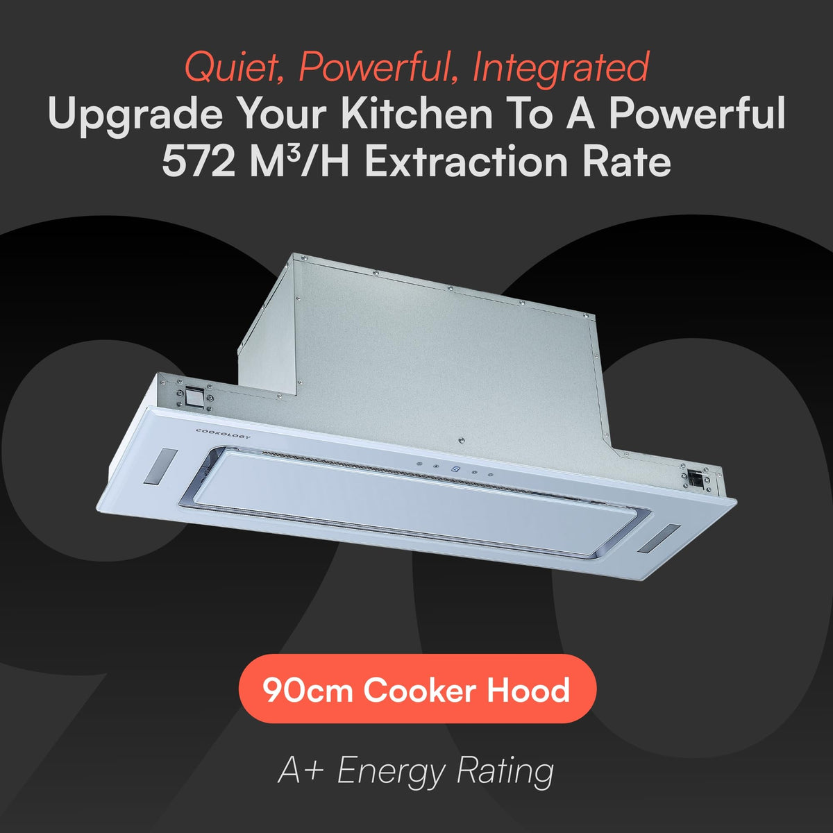 Cookology BUGL750BK Integrated Extractor Fan Cooker Hood in Black - 75cm Width - Built-in Cupboard Glass Canopy - Touch Controls - 2 LED Lights - Switch-off Timer - 3 Speed Settings - A+ Rated