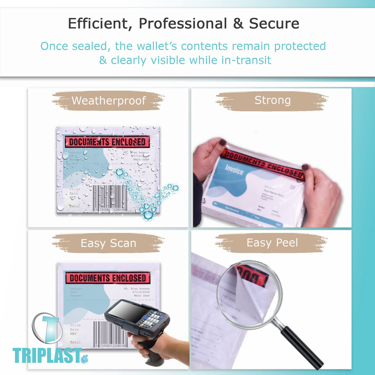 Triplast 200 x DL Printed Document Enclosed Wallet (230 x 110 mm) | Peel & Seal Clear Plastic Envelopes/Sleeves/Pockets/Wallets | Attach Invoices, Packing Lists & Delivery Notes to Parcels