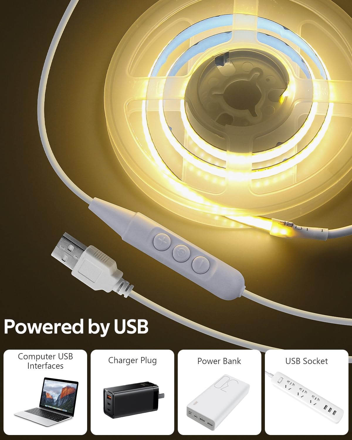 Aclorol 3M COB LED Strip Light Warm White 3000K 5V USB Flexible LED Light Strip 8mm Width Dimmable CRI85+ Dotless Tape Light High Density 320LEDs/M for Bedroom Kitchen Under Cabinet Home Decor