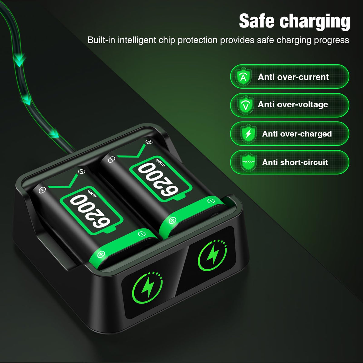 Rechargeable Battery Pack for Xbox One/Series Controller, 4x6200mWh Battery Pack with Charger/Cooling RGB/25H Playtime, Compatible with Xbox One/S/X/Elite 1, Series S/X Controller