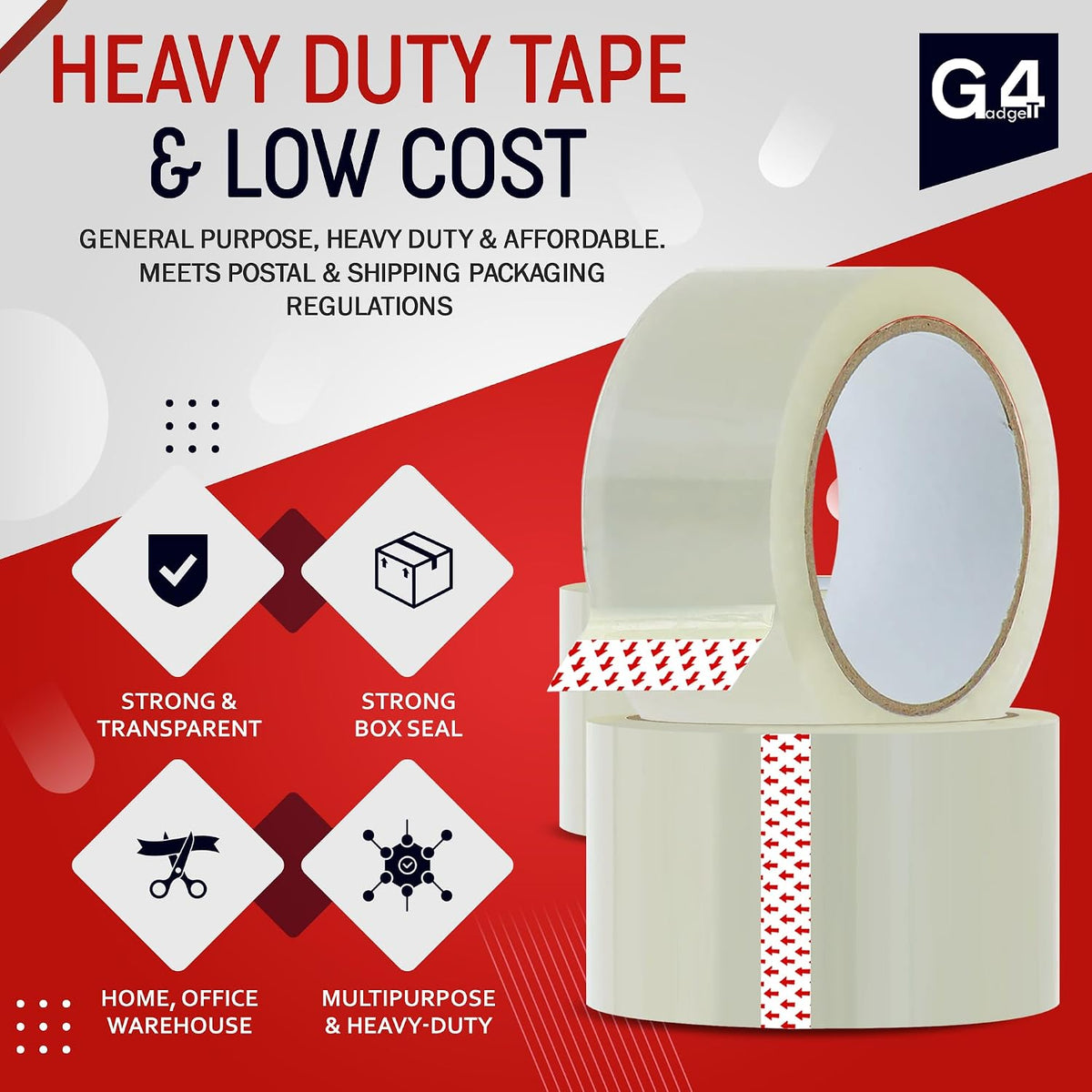 G4GADGET Pack of 3 Clear Packing Tape - Heavy Duty Transparent Tape 48mm x 66m - Ideal for Moving, Packing Boxes, and Secure Packaging