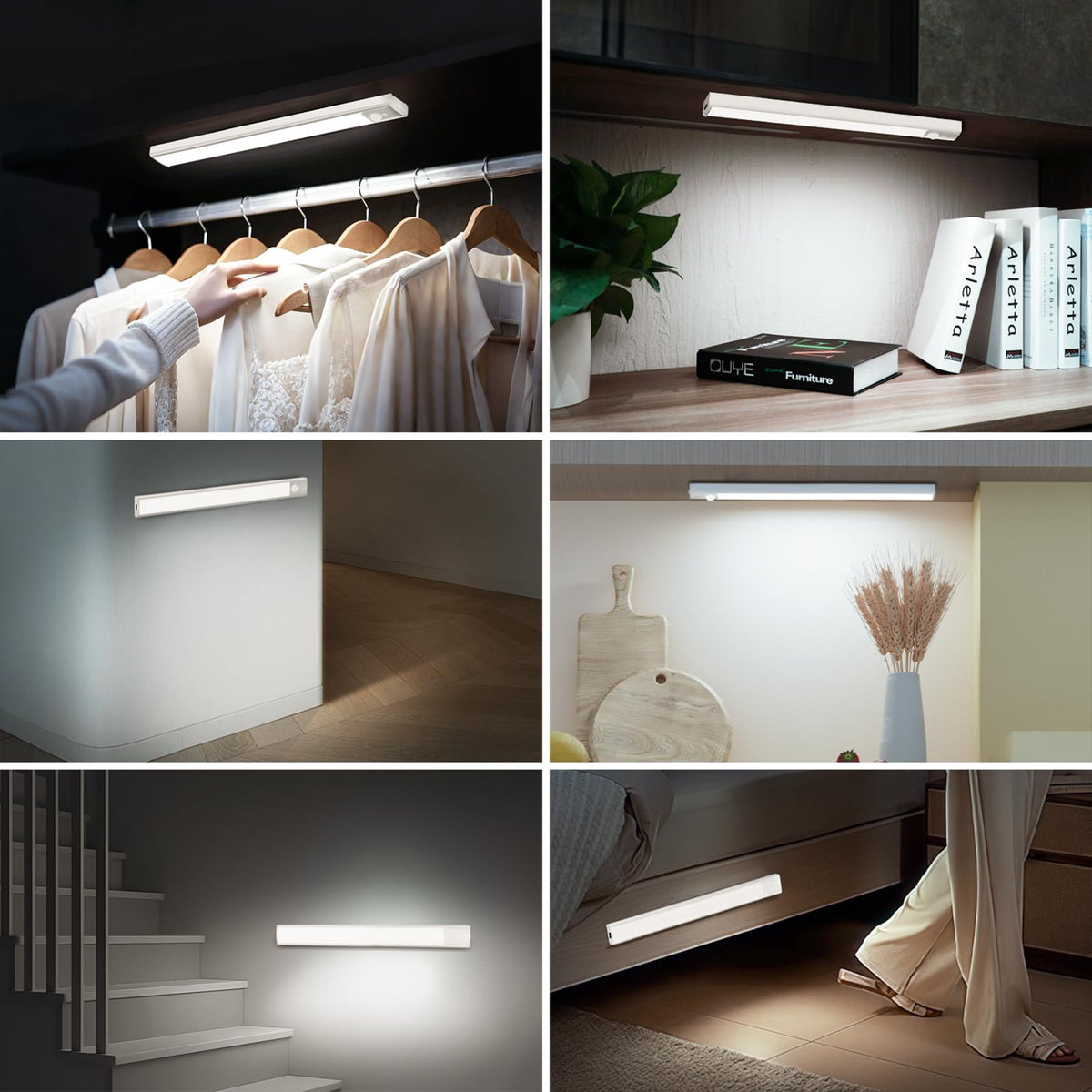 daphomeu 5 Pack Rechargeable Under Cupboard Kitchen Lights, 20CM Dimmable Warm Cabinet Light, LED Motion Sensor Lights Indoor, Magnetic Stick Light for Kitchen Shelf Stairs Wardrobe