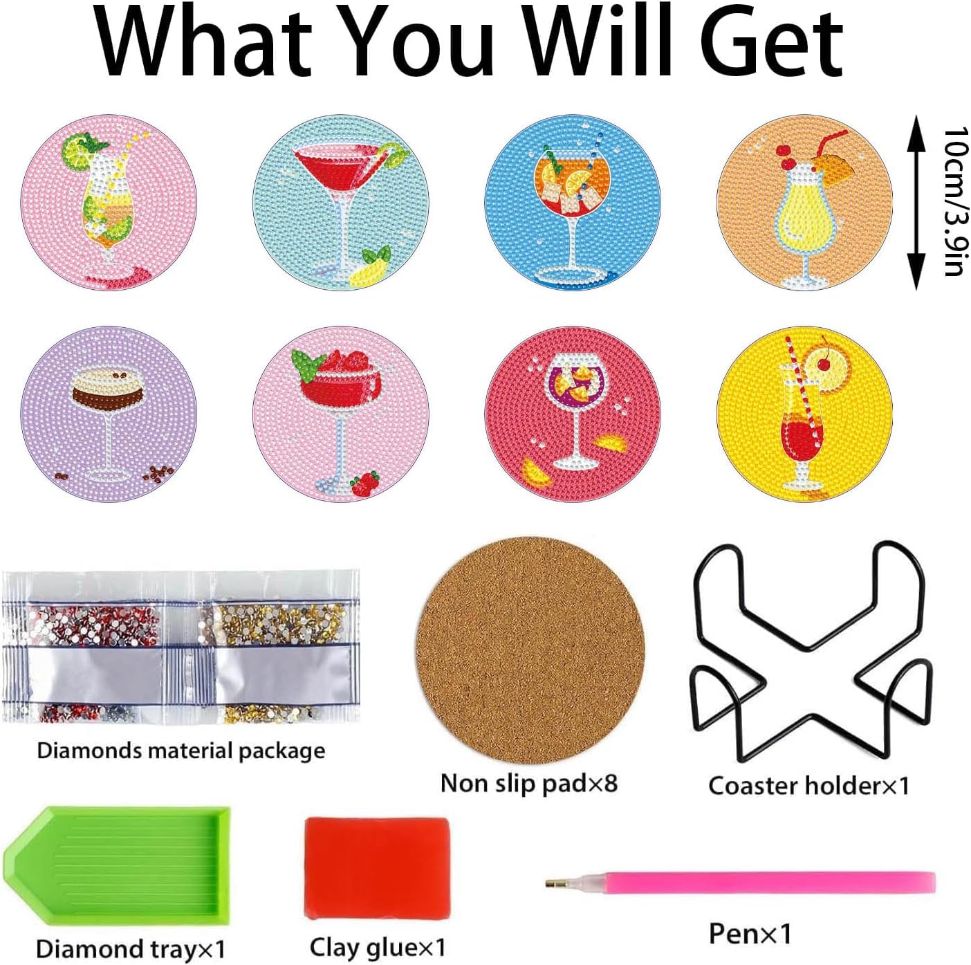 8Pcs Diamond Painting Coasters with Holder,DIY Cocktail Life Coaster Diamond Art Kits for Adults Kids,Beginners Round Full Drill Diamonds Art Craft Supplies