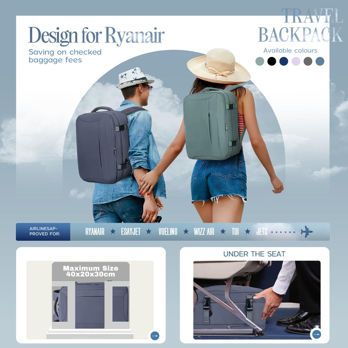 Xkdoai for Ryanair Cabin Bags 40x30x20,Backpack with TSA Approved Clear Bag