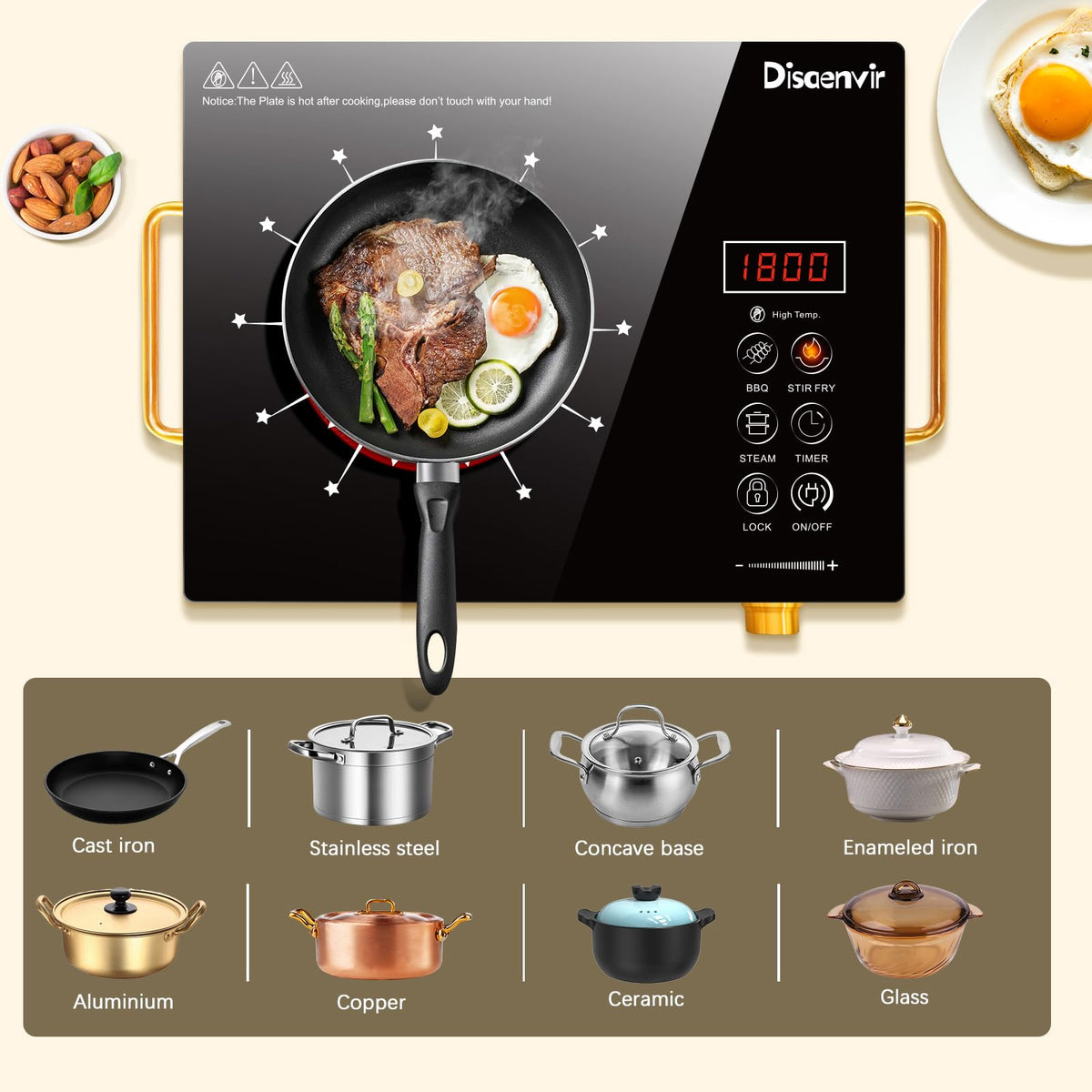 Double Ceramic Hob with Handle, Plug in 2 Ring Electric Hob