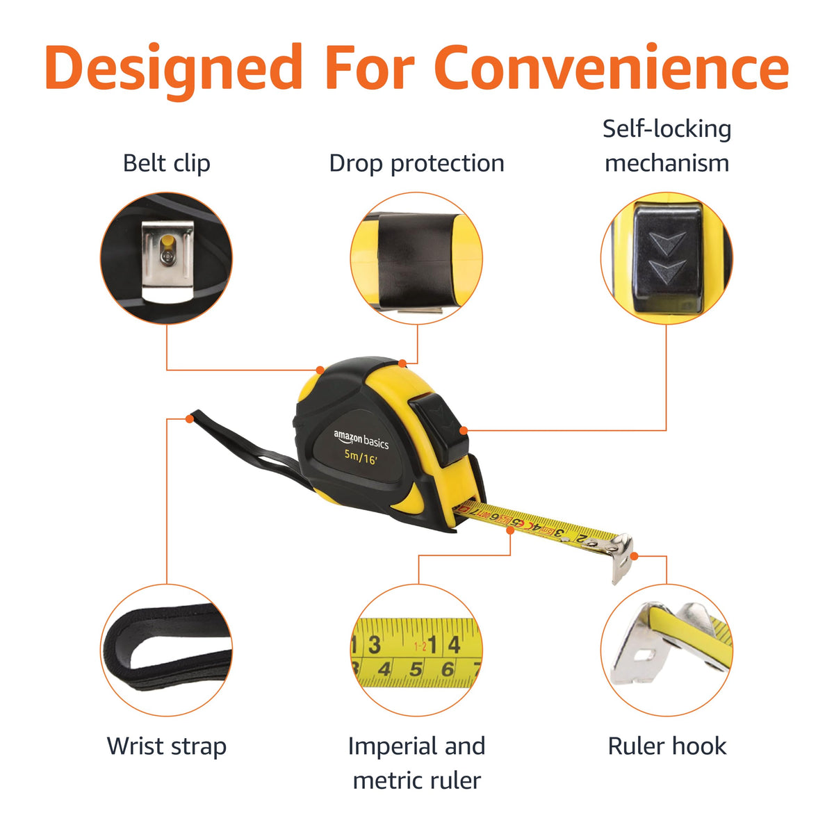 Amazon Basics Self-Locking Tape Measure, MID Accuracy, 7.6 m (2-Pack) meters Scale, Yellow