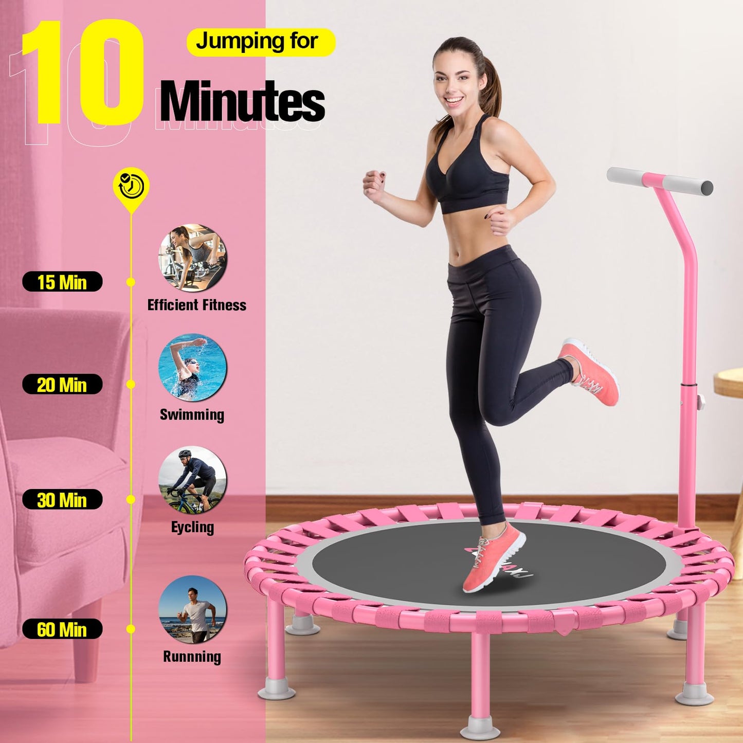 ZCMHAXJ Foldable Mini Trampoline, 40" Rebounder Trampoline for Adults & Kids, 450lbs Capacity with/without U/T-Shaped Adjustable Bar, Indoor Fitness Workout Exercise Equipment