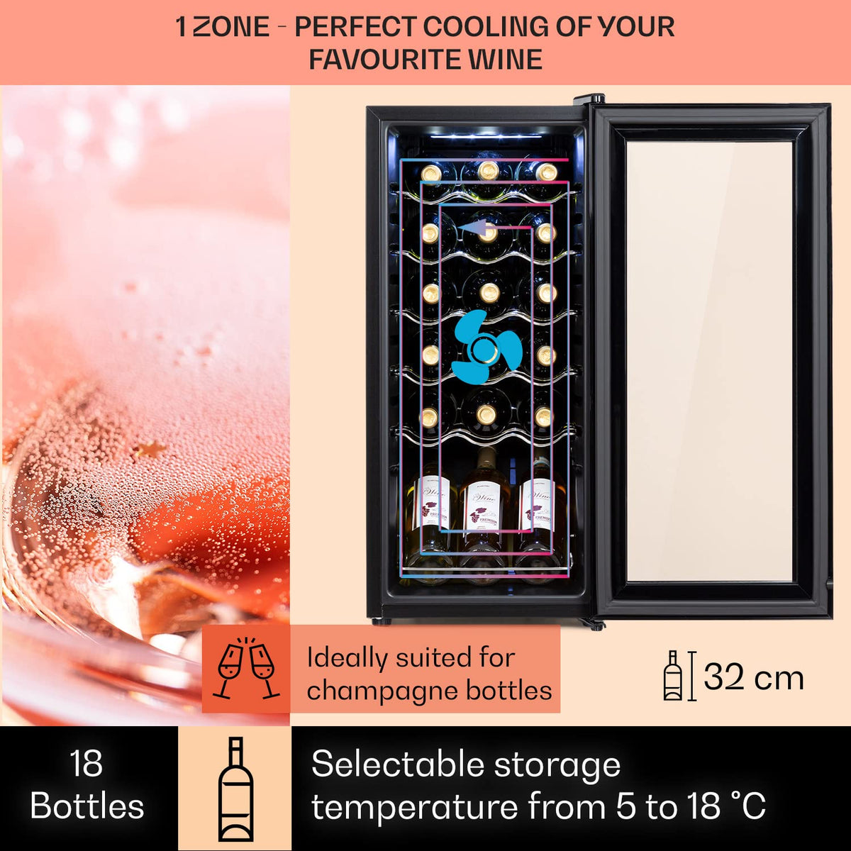 KLARSTEIN Shiraz Wine Cooler Black – 8 Bottles, 1 Zone | Freestanding Wine Fridge with Glass Door, Quiet, 5–18 °C, LED, Stainless Steel Frame