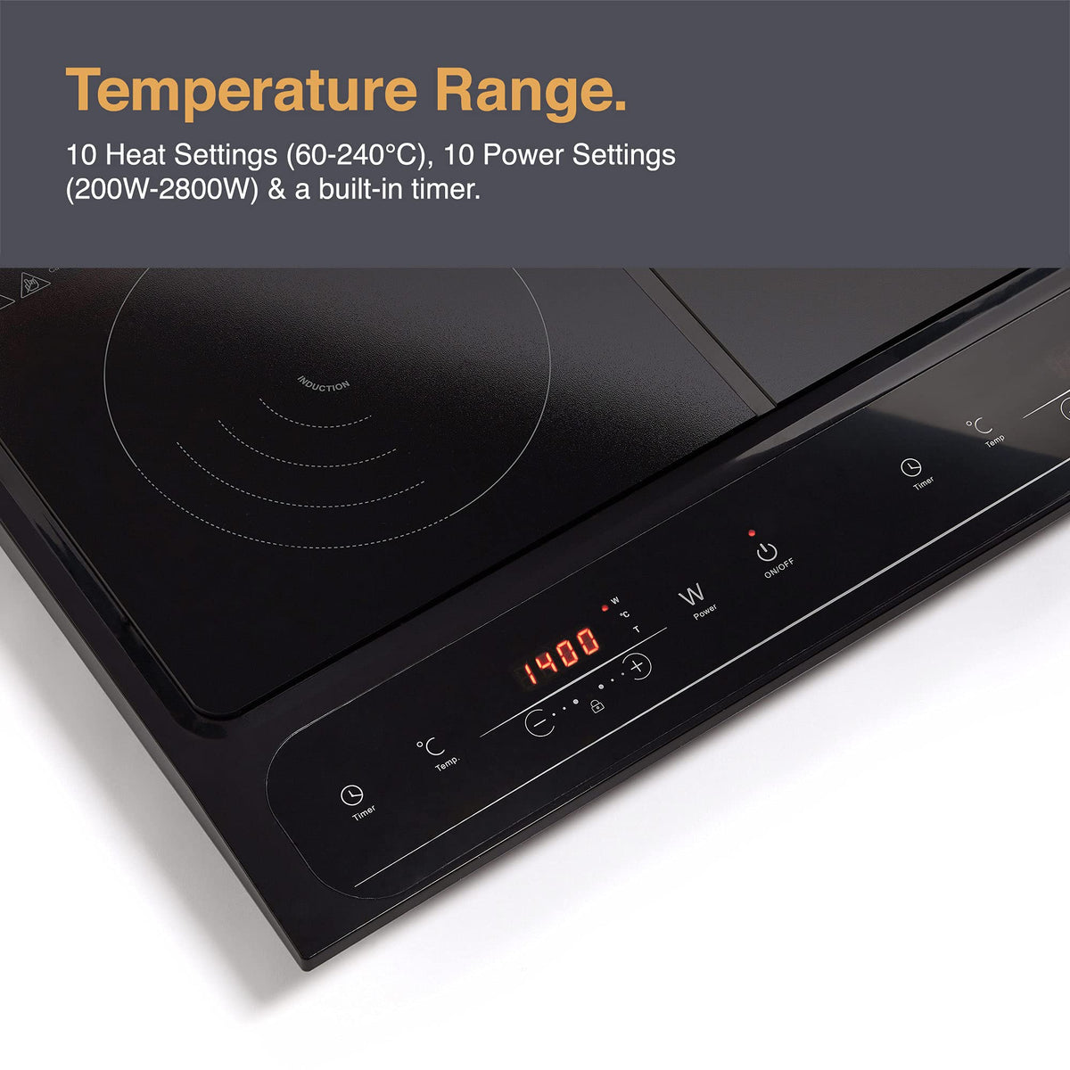 VonShef Single Induction Hob – 2000W Portable Induction Cooker w/LED Touch Display, 3 Hour Timer, 10 Heat Settings 60-240°C, Safety Lock - Black