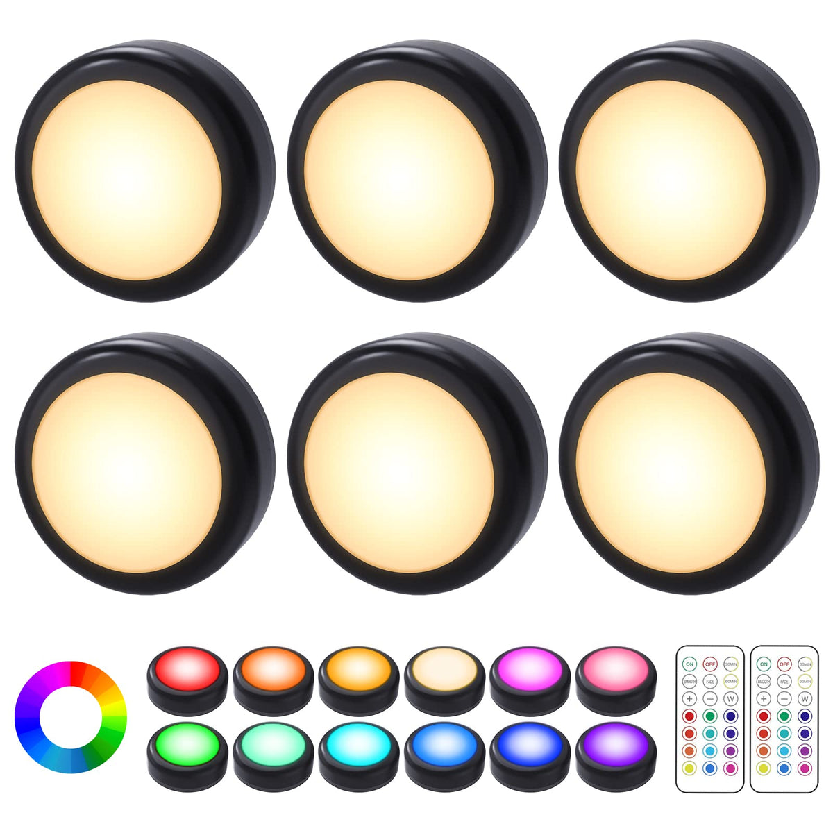 Under Cabinet Lights RGB Wireless Lights LED Closet Lights Night 3000K Dimmable 6pc Cadrim 13 Colors Changing Remote Control Brightness Adjustable Timer Battery Powered Light Kitchen Wardrobe Cupboard