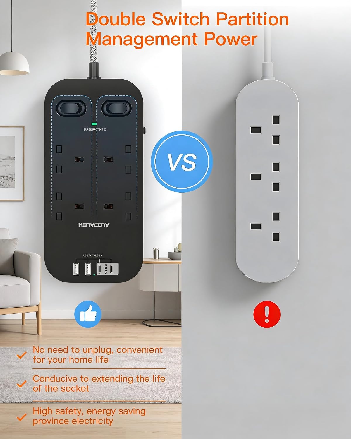 5M Extension Lead Surge Protected, 4 Way Outlets with 2 USB C & 2 USB A