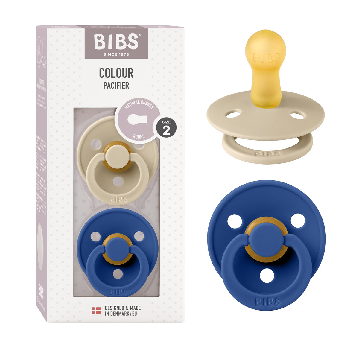 BIBS Colour Soother 2-Pack, BPA Free Dummy Pacifier, Round Nipple. Natural Rubber Latex, Made in Denmark, Size 2 (6-18 Months), Baby Blue