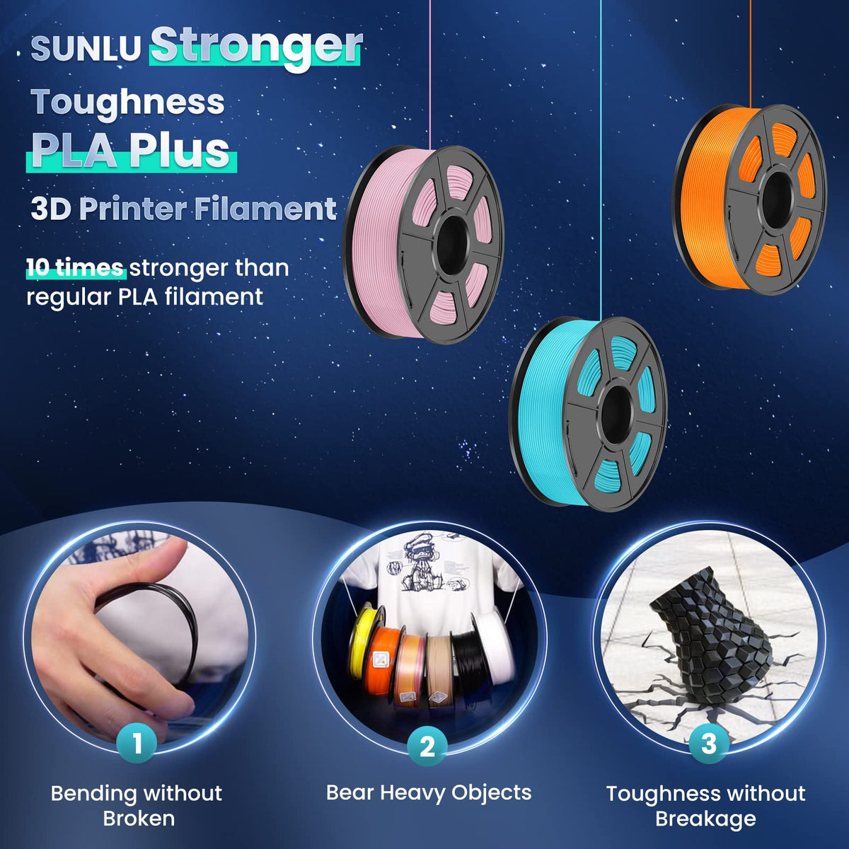 SUNLU PLA+ 3D Printer Filament, Tougher PLA Plus Filament 1.75mm, 1KG Black
