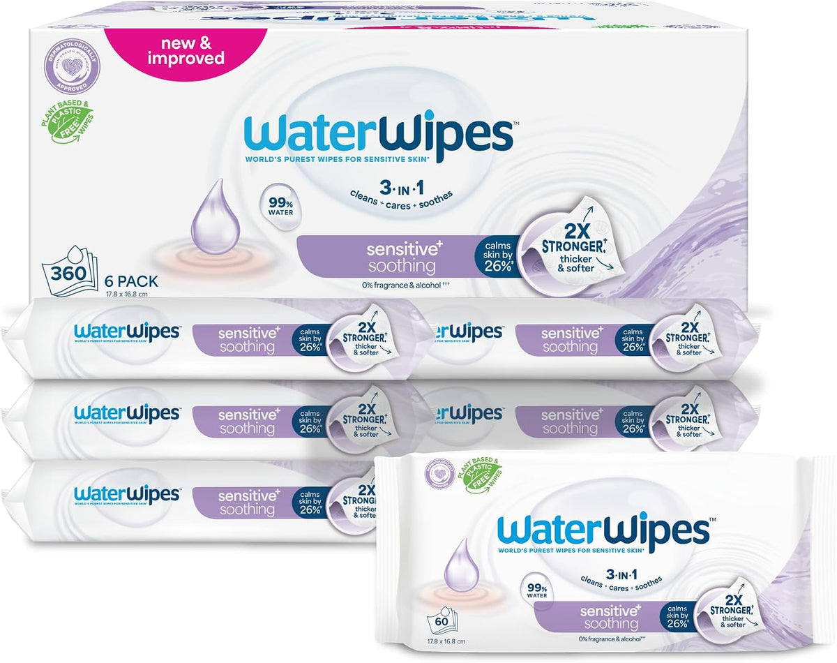 WaterWipes Sensitive+ Soothing Wipes, 99% Water, Unscented, 6 Pack